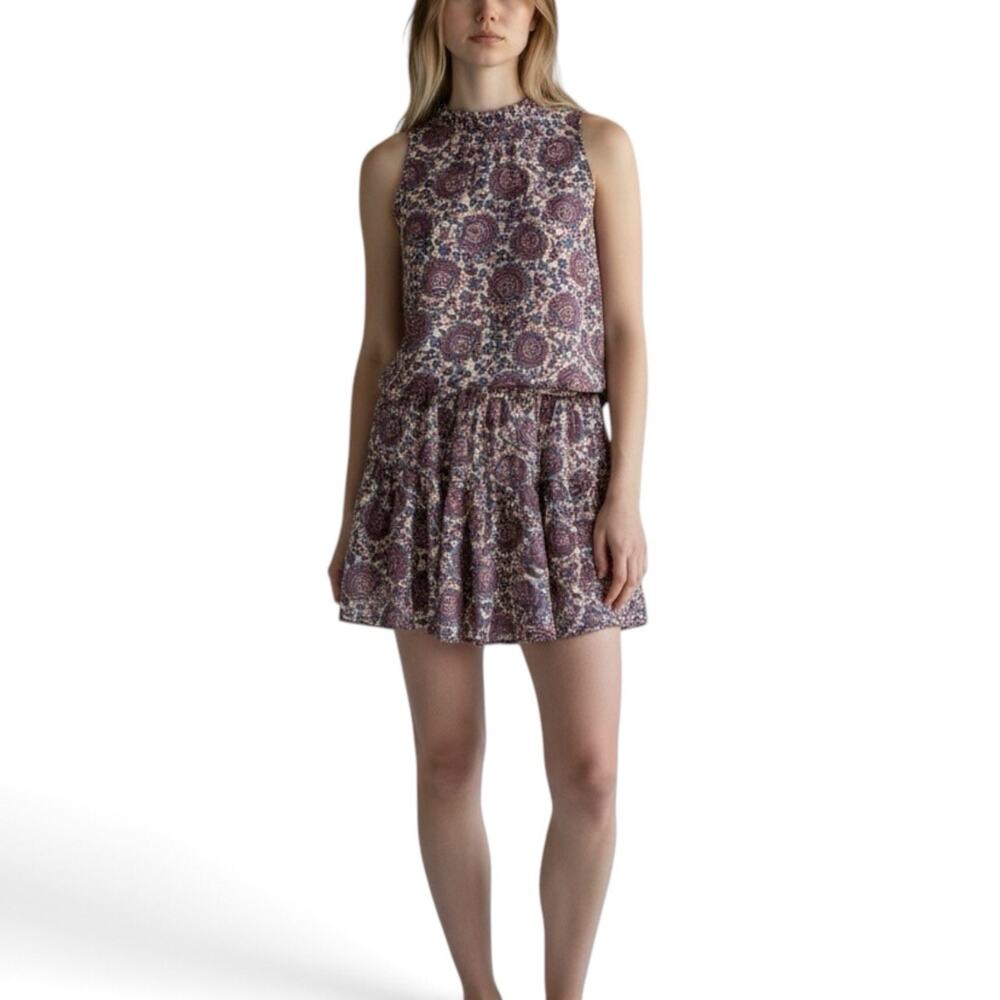 J. Crew Fleur Ruffle Top & Mini Skirt Set Purple Paisley 100% Linen Size XXS